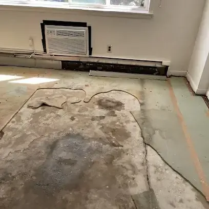 A room taken down to the bare subfloor once the wet flooring was pulled, ready for drying gear