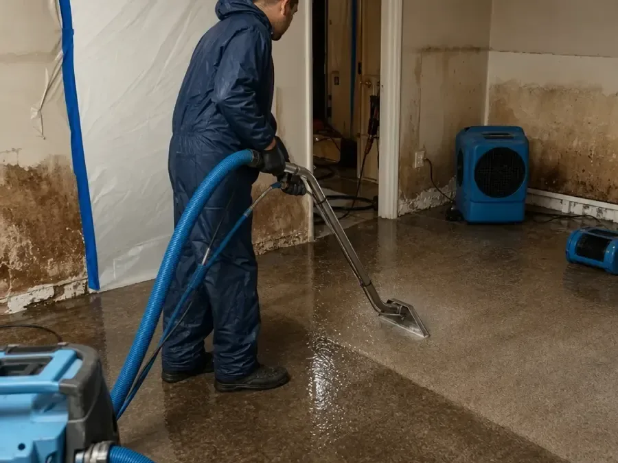 A technician running extraction equipment to pull standing water out of a flooded room inside a home