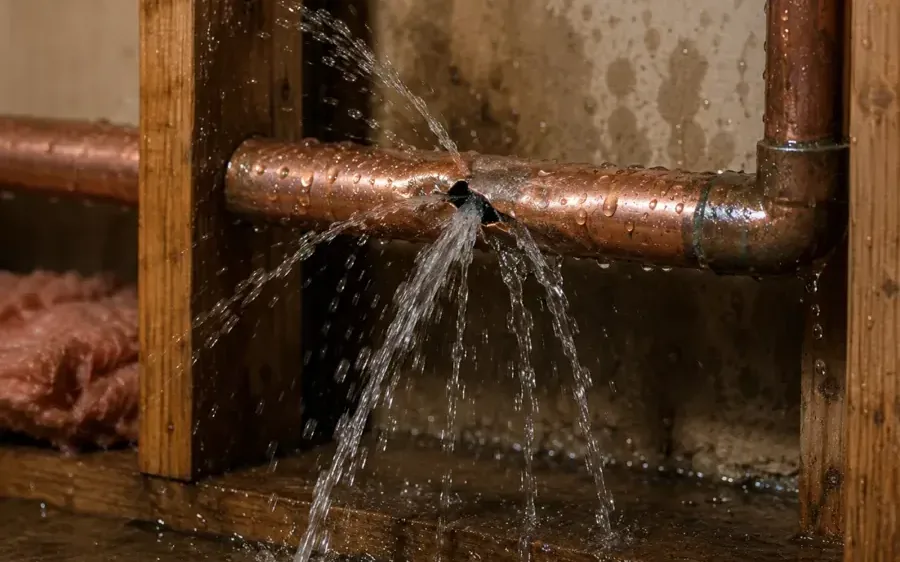 A copper supply line spraying water inside an opened wall cavity