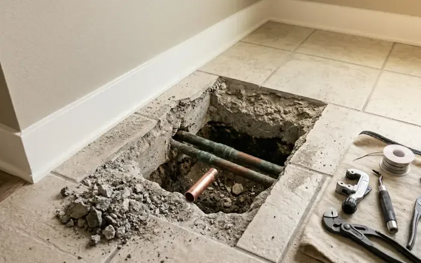 Concrete slab cut open under tile to expose a leaking copper water line