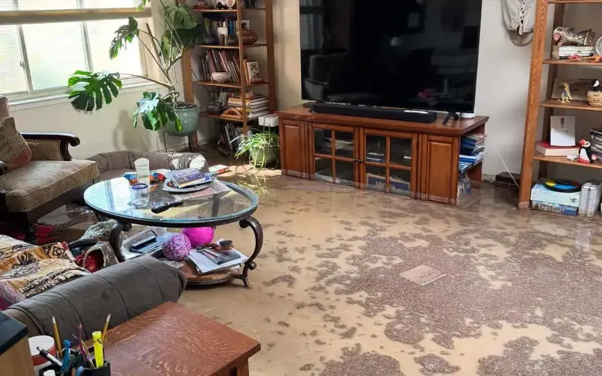 Mud and storm runoff spread across a living room floor after a flash flood