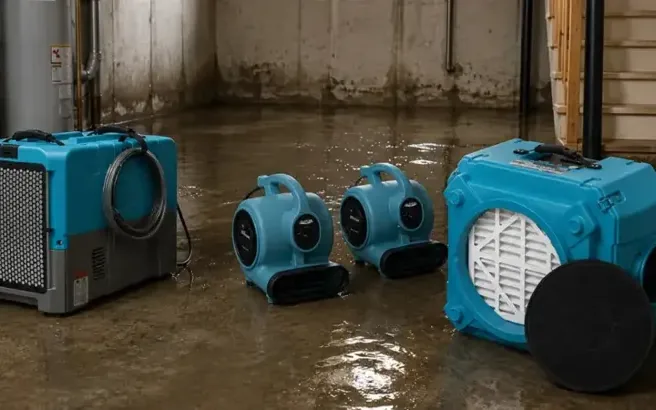 Air movers and a dehumidifier drying a stripped room down to a dry standard
