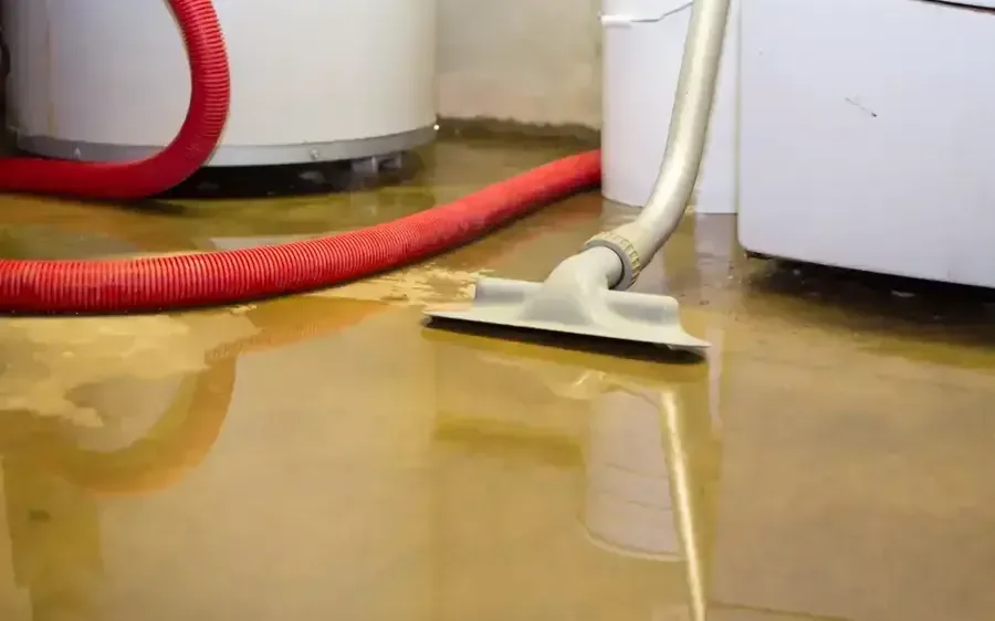 A wet vacuum clearing rusty water from the floor next to a failed water heater